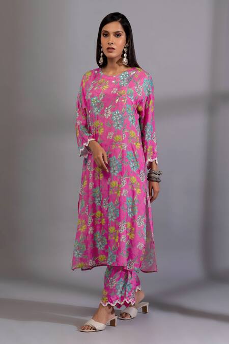 Pants And Pajamas_Pink Cotton, Silk Sequins, Embroidery Floral Digital Print Kurta And Pant Set_Online_at_Aza_Fashions