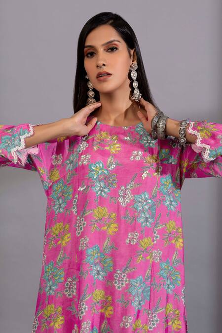 Buy_Pants And Pajamas_Pink Cotton, Silk Sequins, Embroidery Floral Digital Print Kurta And Pant Set_Online_at_Aza_Fashions