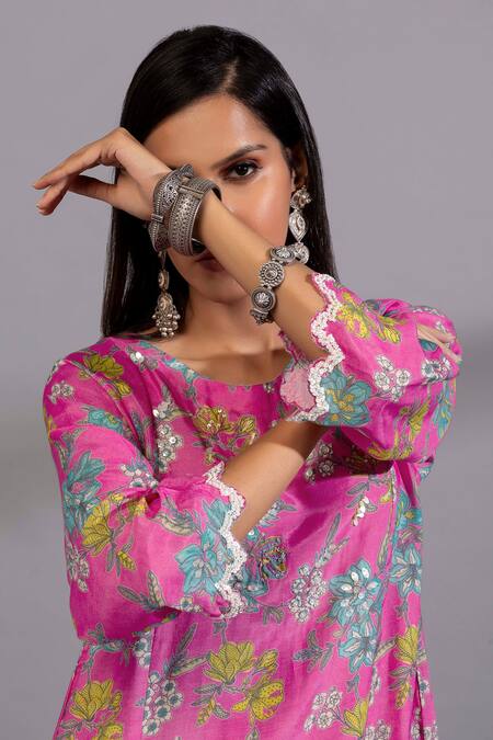Shop_Pants And Pajamas_Pink Cotton, Silk Sequins, Embroidery Floral Digital Print Kurta And Pant Set_Online_at_Aza_Fashions