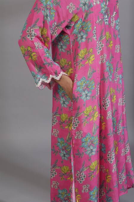 Pants And Pajamas_Pink Cotton, Silk Sequins, Embroidery Floral Digital Print Kurta And Pant Set_at_Aza_Fashions