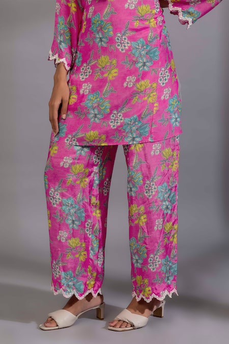Buy_Pants And Pajamas_Pink Cotton, Silk Sequins, Embroidery Floral Digital Print Kurta And Pant Set