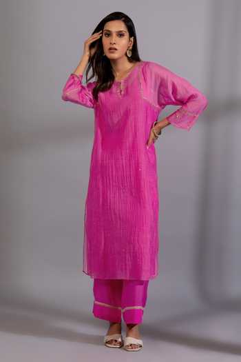 Pants And Pajamas_Pink Cotton, , , Zardozi Placement Kurta And Pant Set _Online_at_Aza_Fashions