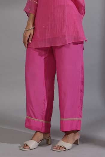 Shop_Pants And Pajamas_Pink Cotton, , , Zardozi Placement Kurta And Pant Set _Online_at_Aza_Fashions