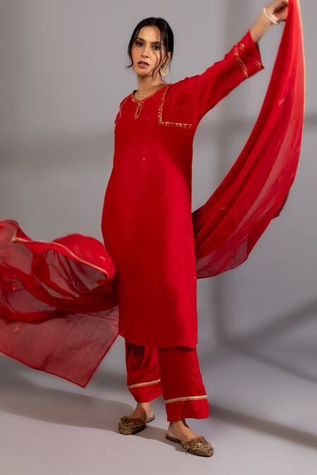 Pants And Pajamas_Red Cotton, , , Placement Embroidered Kurta And Pant Set _Online_at_Aza_Fashions