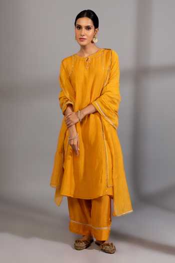 Pants And Pajamas_Yellow Cotton, Silk, Chanderi Embroidery, Zardozi Neckline Kurta And Pant Set _Online_at_Aza_Fashions