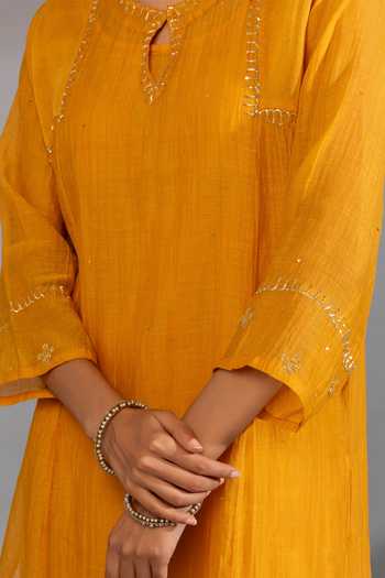 Shop_Pants And Pajamas_Yellow Cotton, Silk, Chanderi Embroidery, Zardozi Neckline Kurta And Pant Set _Online_at_Aza_Fashions