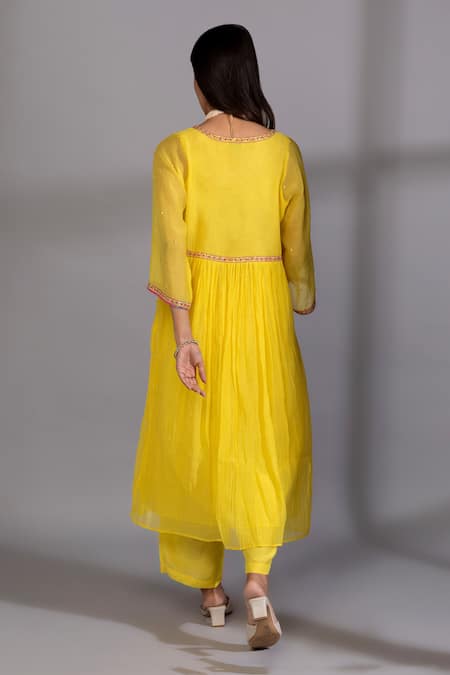 Shop Pants And Pajamas Yellow Cotton, Silk, Chanderi Embroidery, Zari Zardozi Placement Anarkali Set at Aza Fashions Shop_Pants And Pajamas_Yellow Cotton, Silk, Chanderi Embroidery, Zari Zardozi Placement Anarkali Set _at_Aza_Fashions