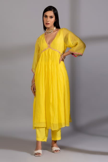 Pants And Pajamas Yellow Cotton, Silk, Chanderi Embroidery, Zari Zardozi Placement Anarkali Set Online at Aza Fashions Pants And Pajamas_Yellow Cotton, Silk, Chanderi Embroidery, Zari Zardozi Placement Anarkali Set _Online_at_Aza_Fashions