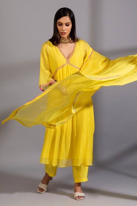 Buy Pants And Pajamas Yellow Cotton, Silk, Chanderi Embroidery, Zari Zardozi Placement Anarkali Set Online at Aza Fashions Buy_Pants And Pajamas_Yellow Cotton, Silk, Chanderi Embroidery, Zari Zardozi Placement Anarkali Set _Online_at_Aza_Fashions