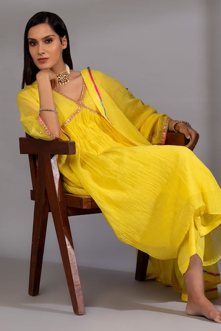 Buy Pants And Pajamas Yellow Cotton, Silk, Chanderi Embroidery, Zari Zardozi Placement Anarkali Set Buy_Pants And Pajamas_Yellow Cotton, Silk, Chanderi Embroidery, Zari Zardozi Placement Anarkali Set