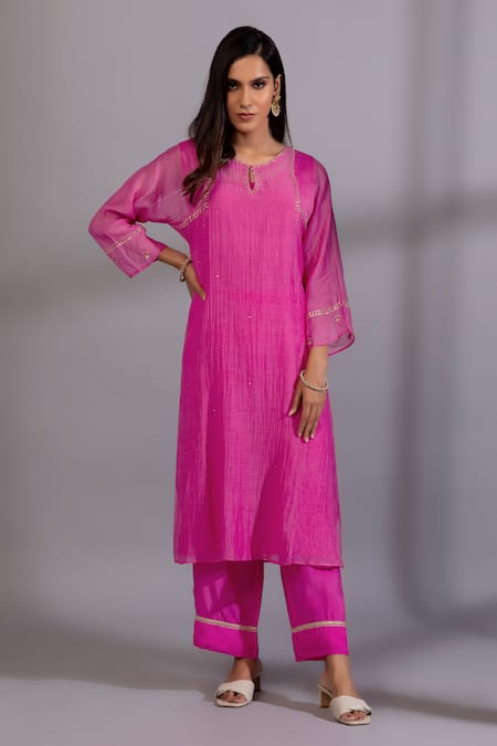 Pants And Pajamas_Pink Cotton, , , Embroidery, Zardozi Kurta Pant Set _Online_at_Aza_Fashions