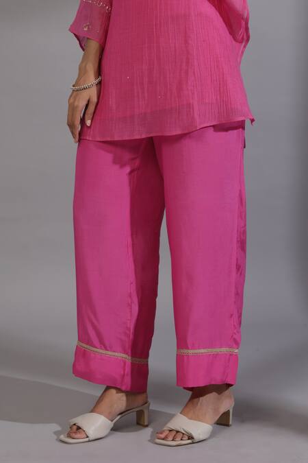 Shop_Pants And Pajamas_Pink Cotton, , , Embroidery, Zardozi Kurta Pant Set _Online_at_Aza_Fashions