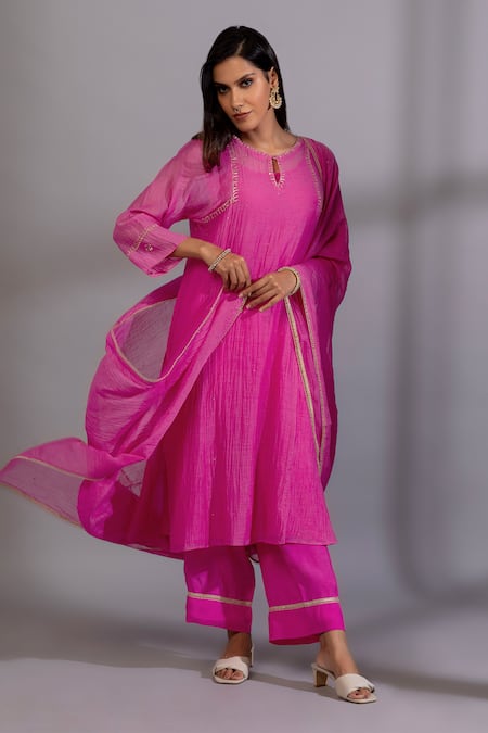 Pants And Pajamas_Pink Cotton, , , Embroidery, Zardozi Kurta Pant Set _at_Aza_Fashions