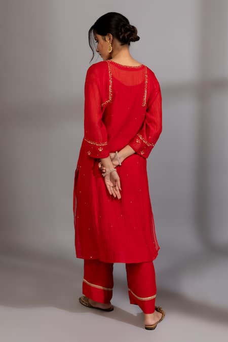 Shop Pants And Pajamas Red Cotton, Silk, Chanderi Embroidery, Lace, Zardozi Placement Kurta Set at Aza Fashions Shop_Pants And Pajamas_Red Cotton, Silk, Chanderi Embroidery, Lace, Zardozi Placement Kurta Set _at_Aza_Fashions