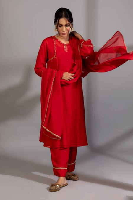 Buy Pants And Pajamas Red Cotton, Silk, Chanderi Embroidery, Lace, Zardozi Placement Kurta Set Online at Aza Fashions Buy_Pants And Pajamas_Red Cotton, Silk, Chanderi Embroidery, Lace, Zardozi Placement Kurta Set _Online_at_Aza_Fashions