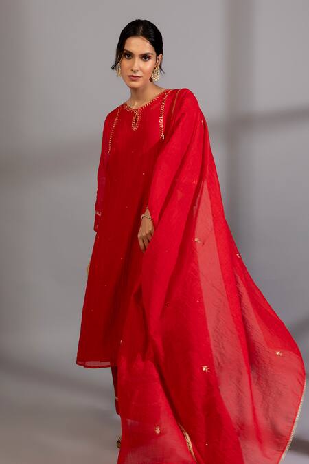 Shop Pants And Pajamas Red Cotton, Silk, Chanderi Embroidery, Lace, Zardozi Placement Kurta Set Online at Aza Fashions Shop_Pants And Pajamas_Red Cotton, Silk, Chanderi Embroidery, Lace, Zardozi Placement Kurta Set _Online_at_Aza_Fashions