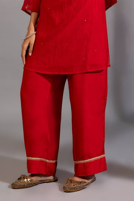 Buy Pants And Pajamas Red Cotton, Silk, Chanderi Embroidery, Lace, Zardozi Placement Kurta Set Buy_Pants And Pajamas_Red Cotton, Silk, Chanderi Embroidery, Lace, Zardozi Placement Kurta Set