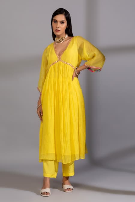 Pants And Pajamas Yellow Chanderi Embroidery V-neck Yoke Kurta 