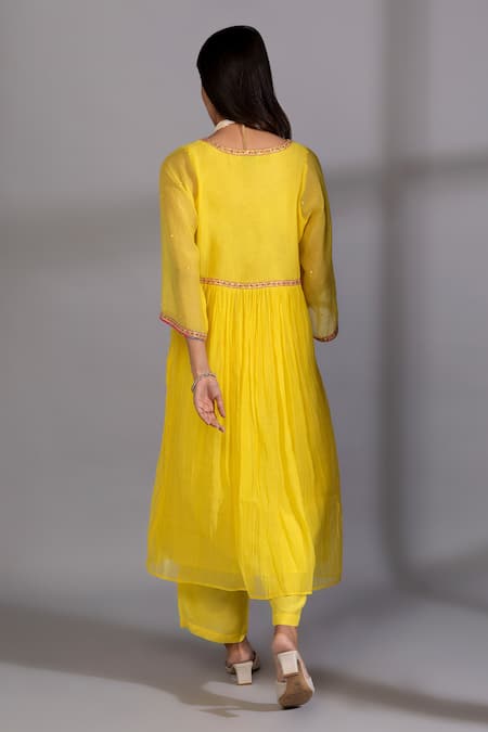 Shop Pants And Pajamas Yellow Chanderi Embroidery V-neck Yoke Kurta at Aza Fashions Shop_Pants And Pajamas_Yellow Chanderi Embroidery V-neck Yoke Kurta _at_Aza_Fashions