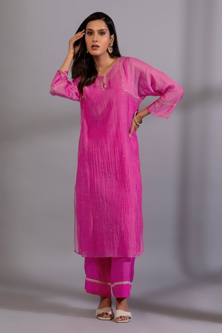 Pants And Pajamas_Pink Chanderi Embroidery Round Neck Yoke Hand Kurta _Online_at_Aza_Fashions