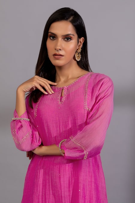 Buy_Pants And Pajamas_Pink Chanderi Embroidery Round Neck Yoke Hand Kurta _Online_at_Aza_Fashions