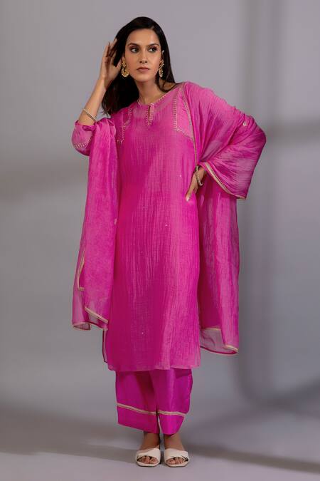 Pants And Pajamas_Pink Chanderi Embroidery Round Neck Yoke Hand Kurta _at_Aza_Fashions