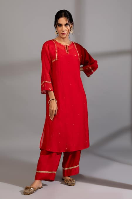 Pants And Pajamas Red Chanderi Embroidery Round Neck Yoke Zardosi Kurta 