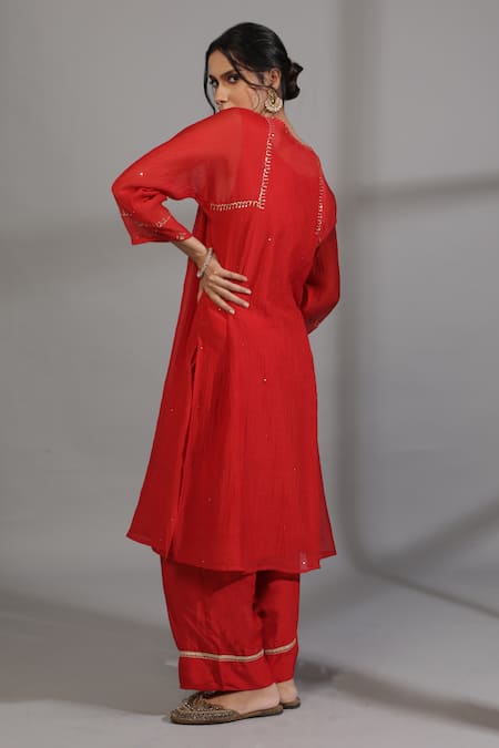 Shop_Pants And Pajamas_Red Chanderi Embroidery Round Neck Yoke Zardosi Kurta _at_Aza_Fashions
