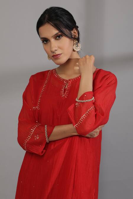 Shop_Pants And Pajamas_Red Chanderi Embroidery Round Neck Yoke Zardosi Kurta _Online_at_Aza_Fashions