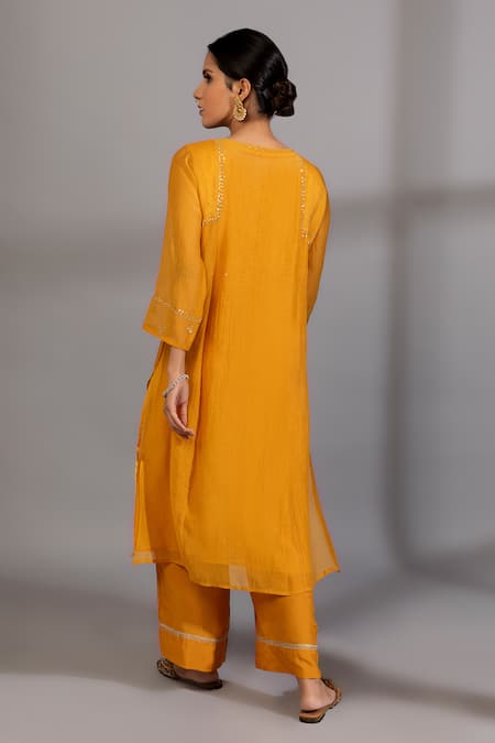 Shop_Pants And Pajamas_Yellow , Cotton Embroidery Round Neck Sleeve Hem Hand Kurta _at_Aza_Fashions
