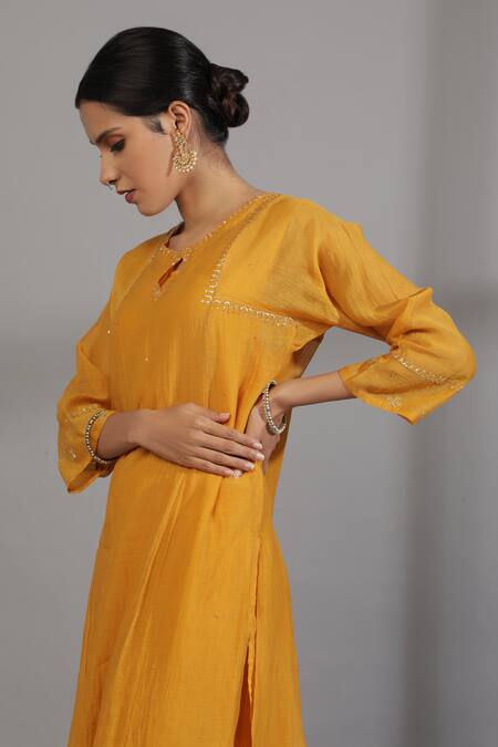 Pants And Pajamas_Yellow , Cotton Embroidery Round Neck Sleeve Hem Hand Kurta _Online_at_Aza_Fashions