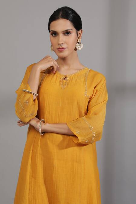 Buy_Pants And Pajamas_Yellow , Cotton Embroidery Round Neck Sleeve Hem Hand Kurta _Online_at_Aza_Fashions