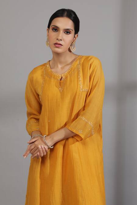 Shop_Pants And Pajamas_Yellow , Cotton Embroidery Round Neck Sleeve Hem Hand Kurta _Online_at_Aza_Fashions