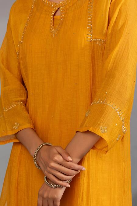 Pants And Pajamas_Yellow , Cotton Embroidery Round Neck Sleeve Hem Hand Kurta _at_Aza_Fashions