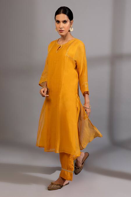 Pants And Pajamas Yellow Cotton, Silk, Chanderi Embroidery Keyhole Neck Zardozi Kurta Pant Set Online at Aza Fashions Pants And Pajamas_Yellow Cotton, Silk, Chanderi Embroidery Keyhole Neck Zardozi Kurta Pant Set _Online_at_Aza_Fashions
