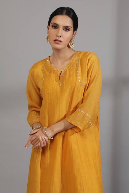 Buy_Pants And Pajamas_Yellow Cotton, Silk, Chanderi Embroidery Keyhole Neck Zardozi Kurta Pant Set _Online_at_Aza_Fashions