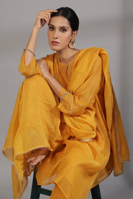 Shop_Pants And Pajamas_Yellow Cotton, Silk, Chanderi Embroidery Keyhole Neck Zardozi Kurta Pant Set 