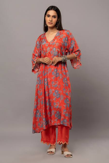 Pants And Pajamas_Red Cotton Silk Hand Embroidered Pearl And Sequin Work Bordered Pant_Online_at_Aza_Fashions