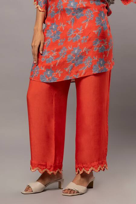 Buy_Pants And Pajamas_Red Cotton Silk Hand Embroidered Pearl And Sequin Work Bordered Pant_Online_at_Aza_Fashions