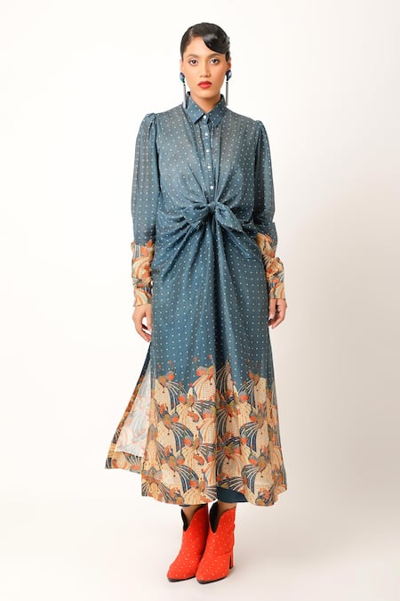 Jajaabor Blue Silk Chanderi Print Flower Collared Neck Miniature Long Shirt With Pant 