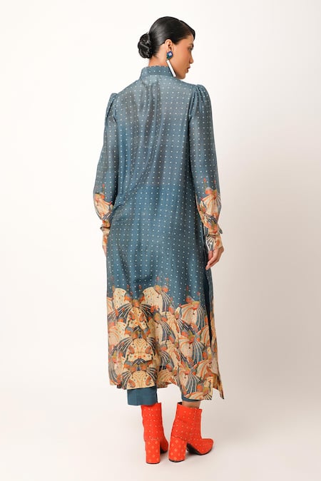 Shop_Jajaabor_Blue Cotton, Silk Embroidery Miniature Flower Print Long Shirt With Pant _at_Aza_Fashions