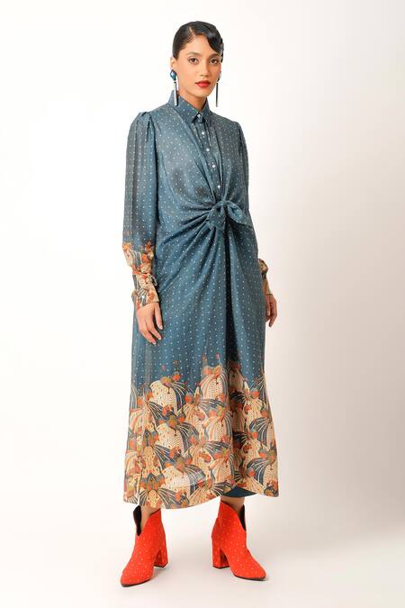 Jajaabor_Blue Cotton, Silk Embroidery Miniature Flower Print Long Shirt With Pant _Online_at_Aza_Fashions