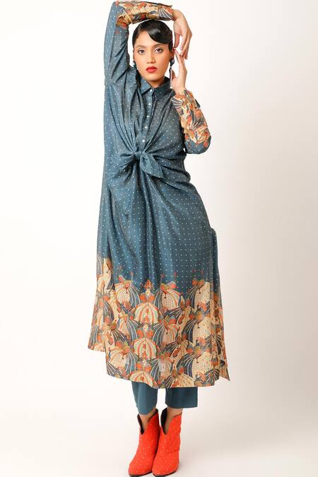 Buy_Jajaabor_Blue Cotton, Silk Embroidery Miniature Flower Print Long Shirt With Pant _Online_at_Aza_Fashions