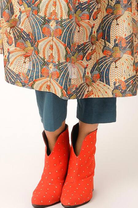 Shop_Jajaabor_Blue Cotton, Silk Embroidery Miniature Flower Print Long Shirt With Pant _Online_at_Aza_Fashions