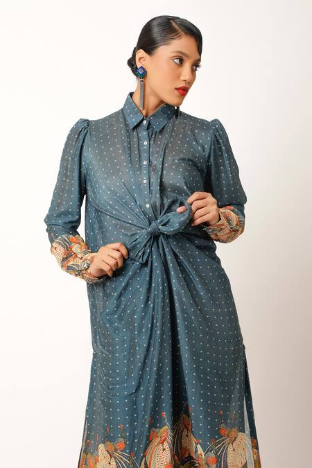 Jajaabor_Blue Cotton, Silk Embroidery Miniature Flower Print Long Shirt With Pant _at_Aza_Fashions