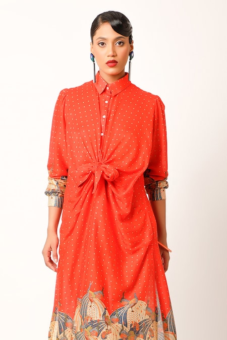 Jajaabor Orange Cotton, Silk Embroidery Collared Miniature Flower Print Long Shirt Online at Aza Fashions Jajaabor_Orange Cotton, Silk Embroidery Collared Miniature Flower Print Long Shirt _Online_at_Aza_Fashions