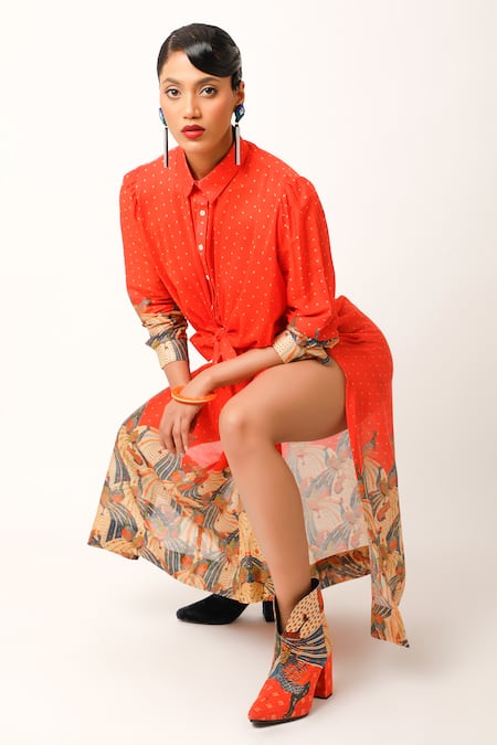 Buy Jajaabor Orange Cotton, Silk Embroidery Collared Miniature Flower Print Long Shirt Online at Aza Fashions Buy_Jajaabor_Orange Cotton, Silk Embroidery Collared Miniature Flower Print Long Shirt _Online_at_Aza_Fashions