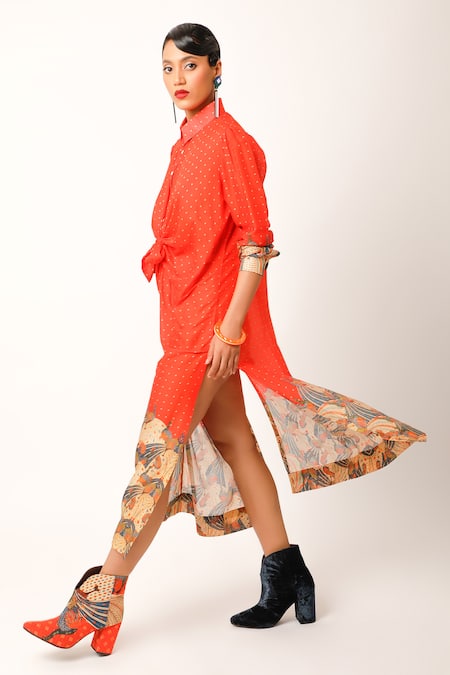 Shop Jajaabor Orange Cotton, Silk Embroidery Collared Miniature Flower Print Long Shirt Online at Aza Fashions Shop_Jajaabor_Orange Cotton, Silk Embroidery Collared Miniature Flower Print Long Shirt _Online_at_Aza_Fashions