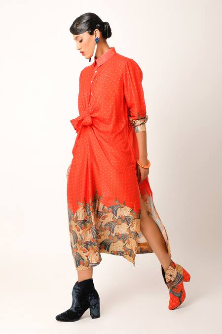 Jajaabor Orange Cotton, Silk Embroidery Collared Miniature Flower Print Long Shirt at Aza Fashions Jajaabor_Orange Cotton, Silk Embroidery Collared Miniature Flower Print Long Shirt _at_Aza_Fashions