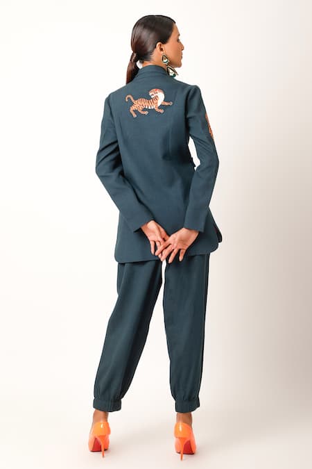 Shop Jajaabor Blue Cotton Embroidery Collared Tiger Print Jacket And Jogger Pant Set at Aza Fashions Shop_Jajaabor_Blue Cotton Embroidery Collared Tiger Print Jacket And Jogger Pant Set _at_Aza_Fashions
